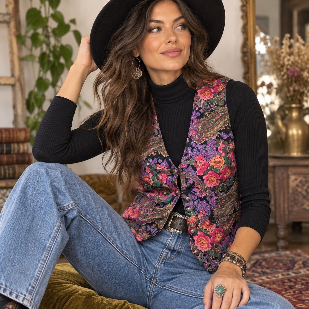 Vtg 90s Dark Floral Paisley Vest Sz M Whimsigoth Cottagecore Boho Romantic